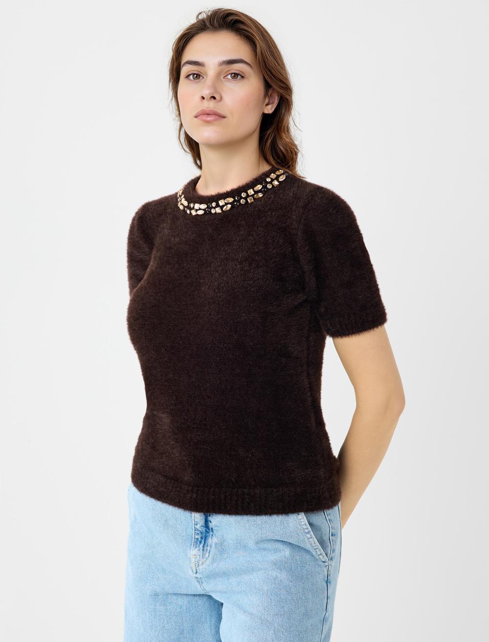 Crew Neck Short-Sleeve Pullover - Bitter Brown - 5WW136006803