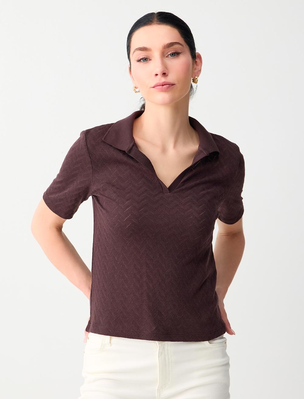 Normal Fit Polo Shirt Short Sleeve Blouse - Brown - 6SW035576803