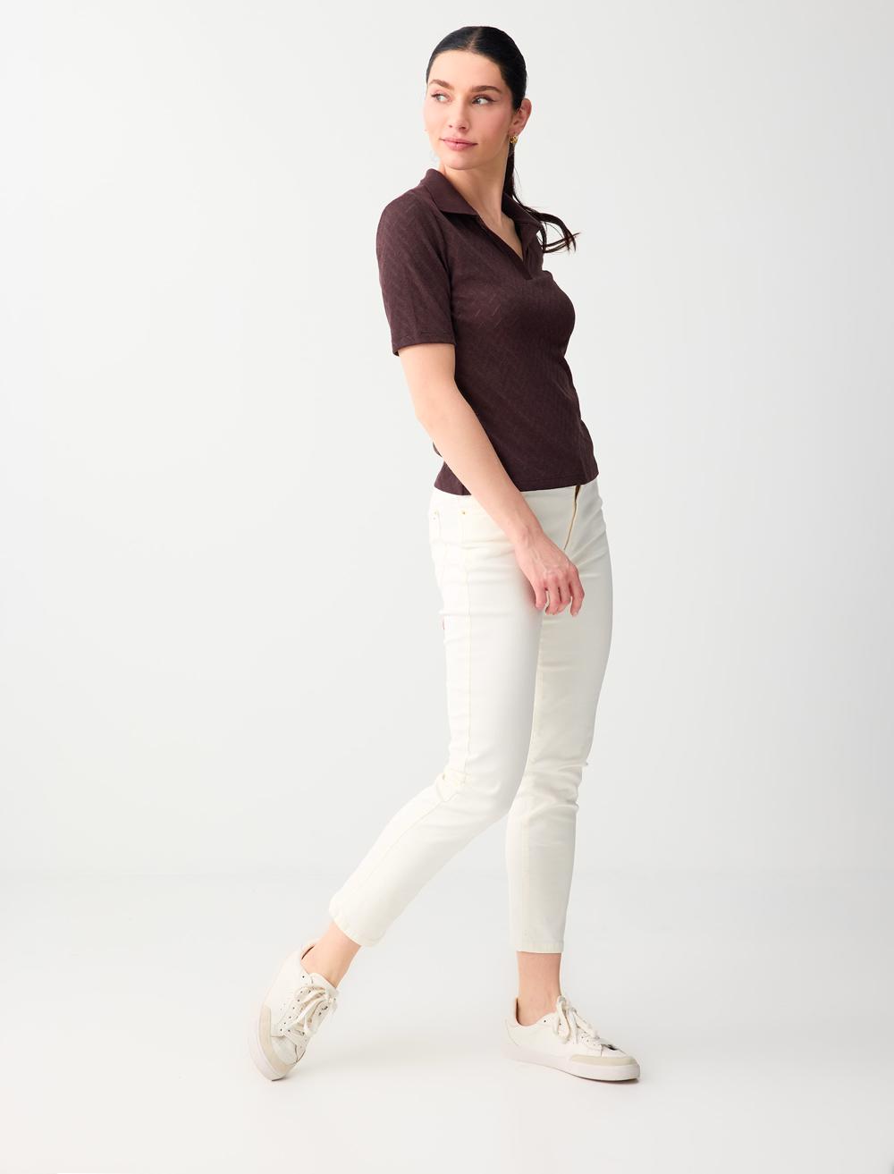 Normal Fit Polo Shirt Short Sleeve Blouse - Brown - 6SW035576803