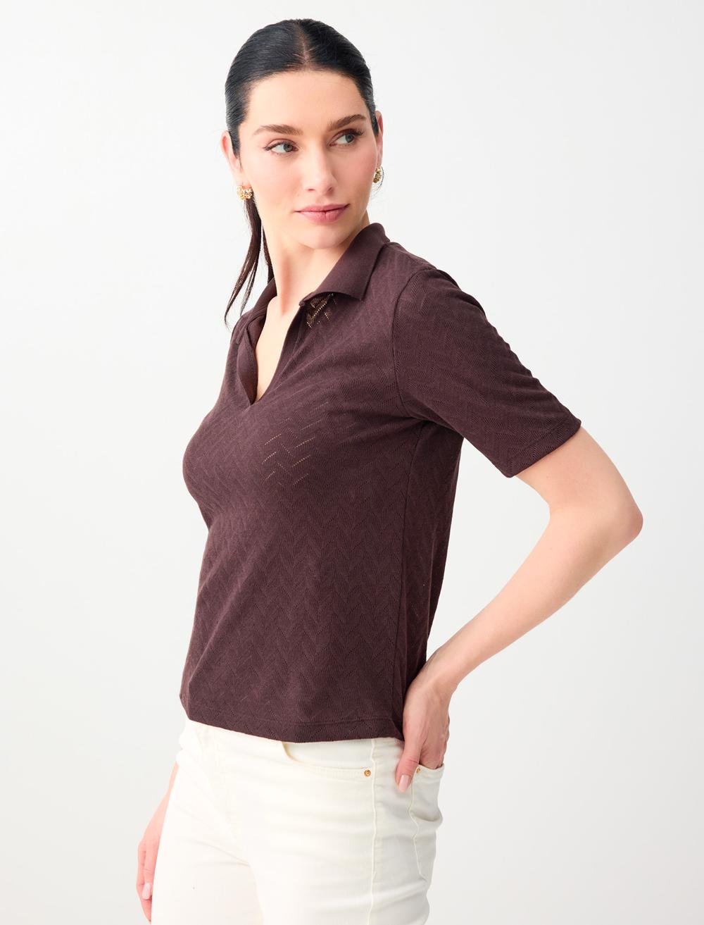 Normal Fit Polo Shirt Short Sleeve Blouse - Brown - 6SW035576803