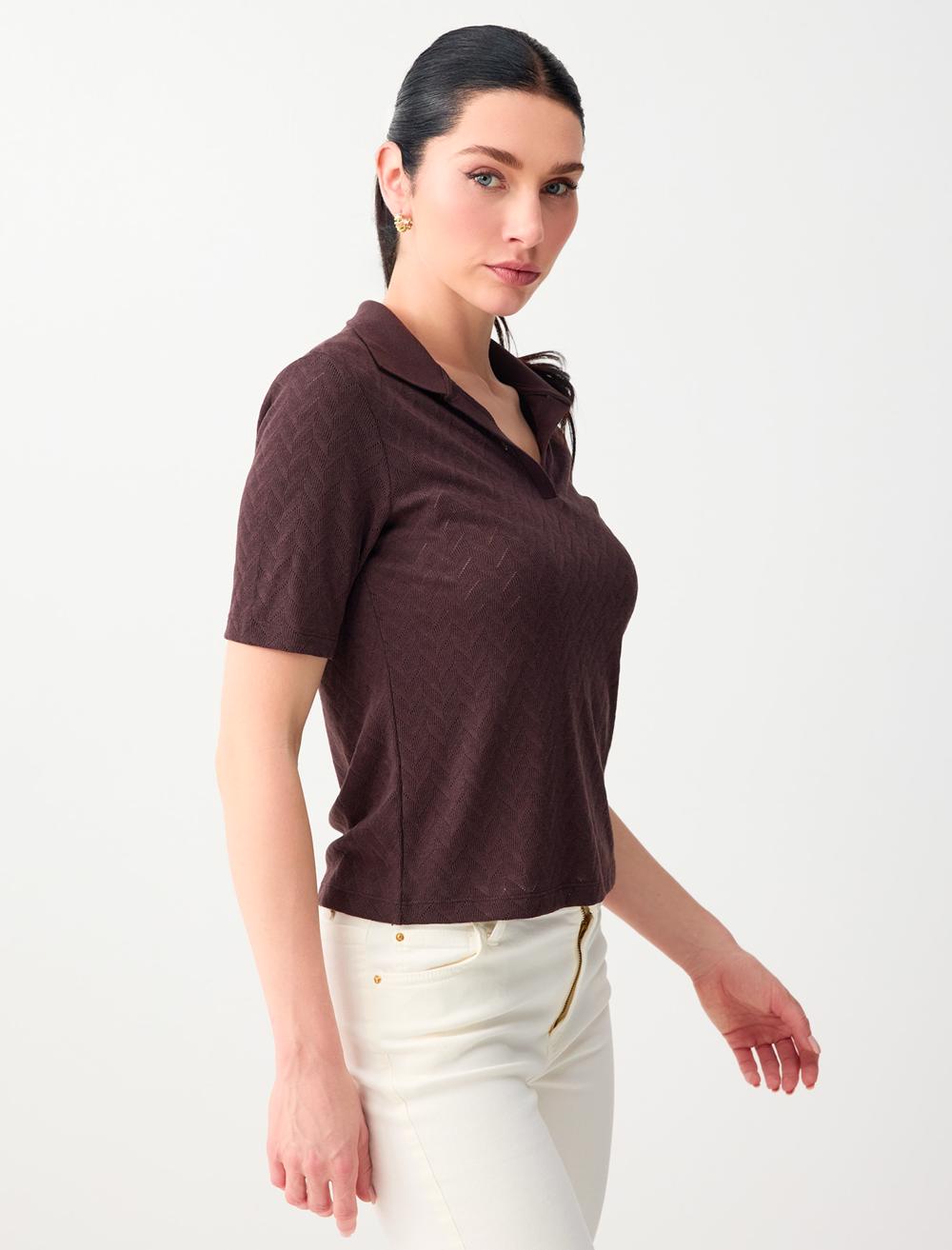 Normal Fit Polo Shirt Short Sleeve Blouse - Brown - 6SW035576803