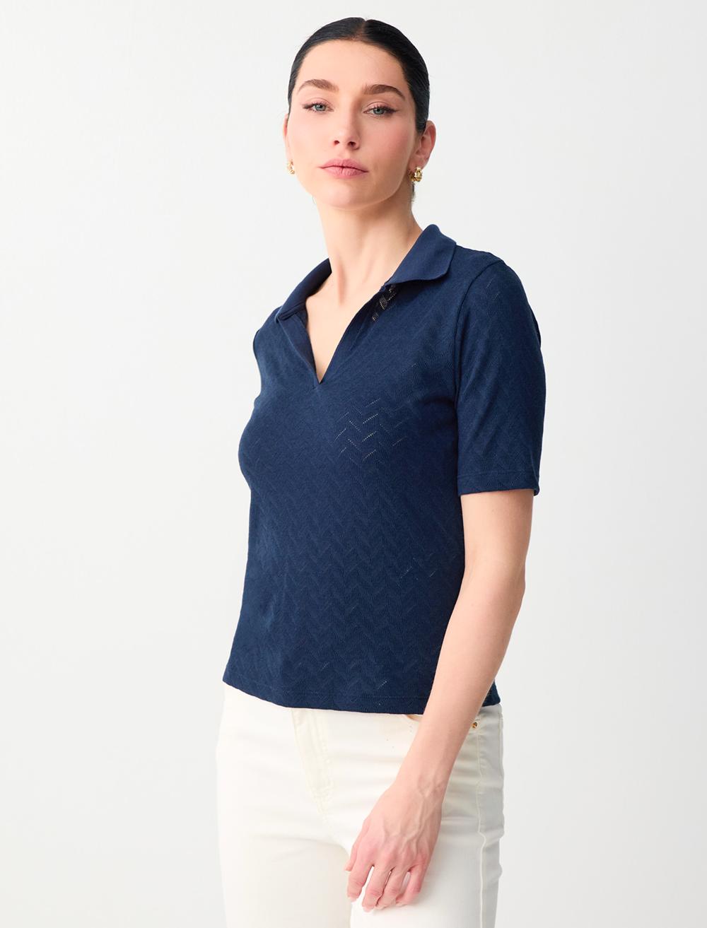 Normal Fit Polo Shirt Short Sleeve Blouse - Dark Blue - 6SW035576494
