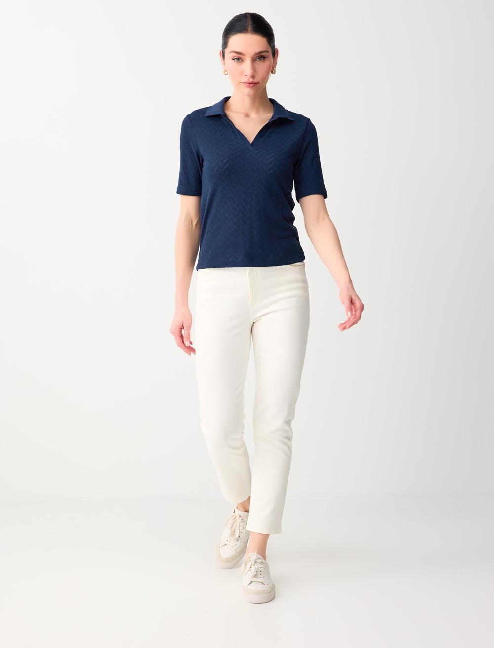 Normal Fit Polo Shirt Short Sleeve Blouse - Dark Blue - 6SW035576494