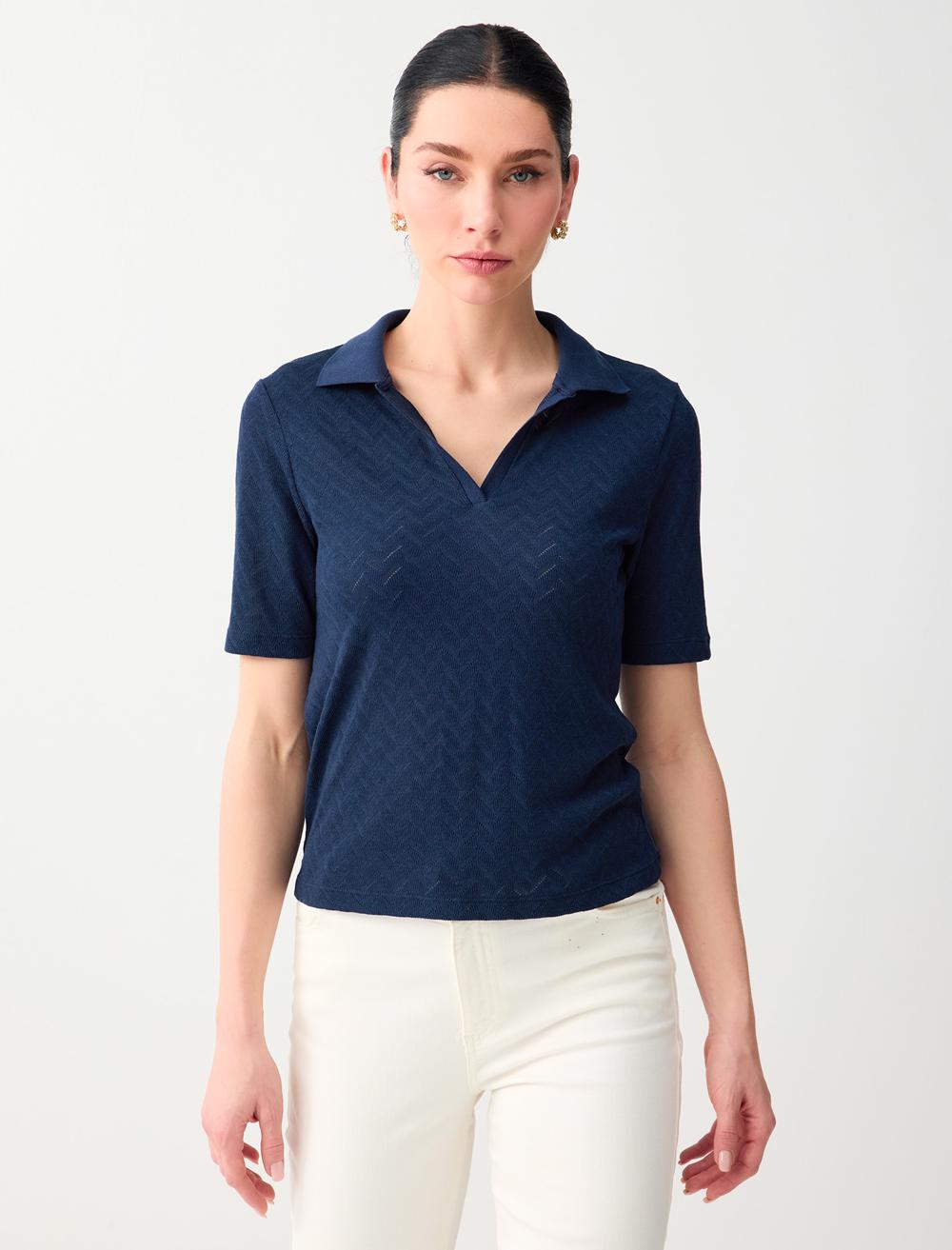 Normal Fit Polo Shirt Short Sleeve Blouse - Dark Blue - 6SW035576494