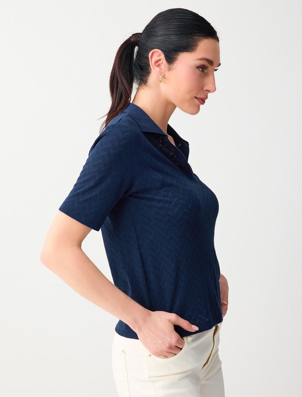 Normal Fit Polo Shirt Short Sleeve Blouse - Dark Blue - 6SW035576494