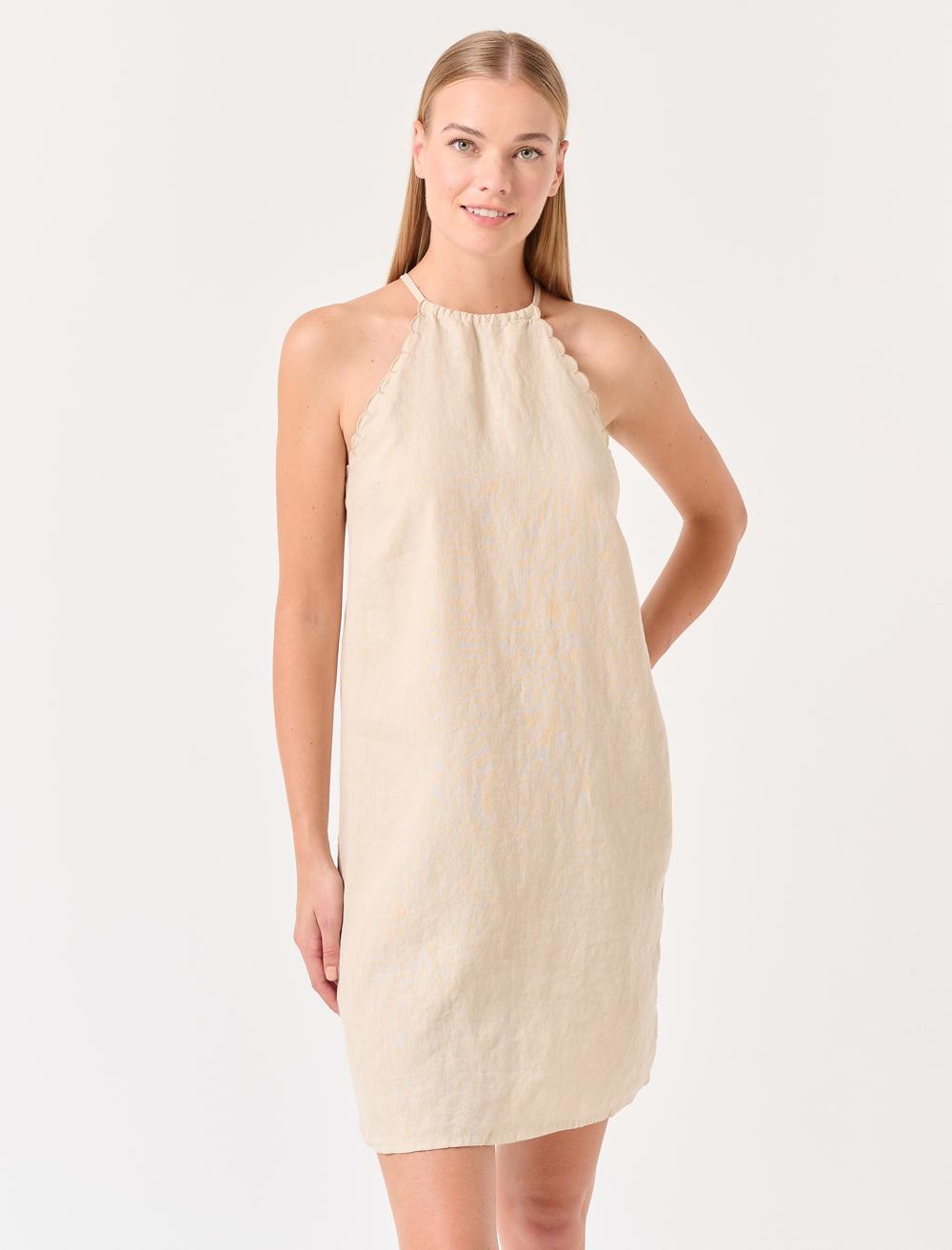 Sleeveless Halter Neck Linen Dress - 23SE030054