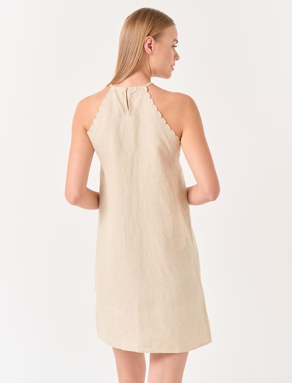 Sleeveless Halter Neck Linen Dress - 23SE030054