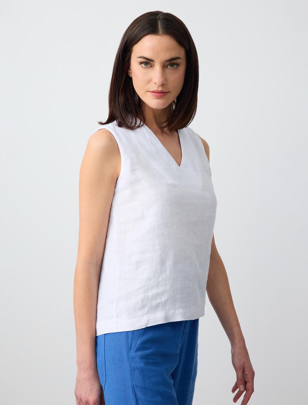 Sleeveless V-Neck Basic Linen Blouse - White - 24SB044007100
