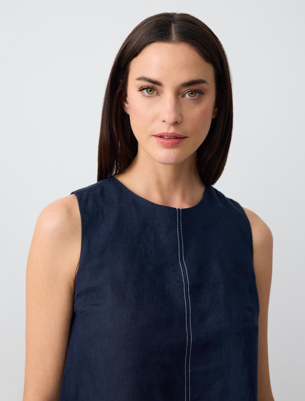 Sleeveless Round Neck Linen Woven Blouse - Dark Blue