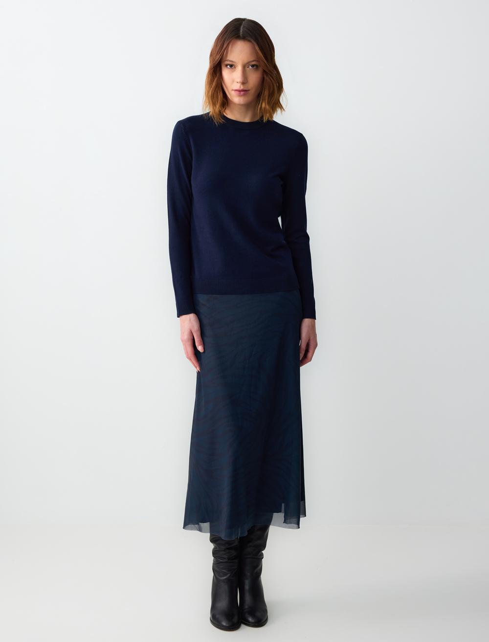 Regular Waist Straight Cut Patterned Mesh Knitted Long Skirt