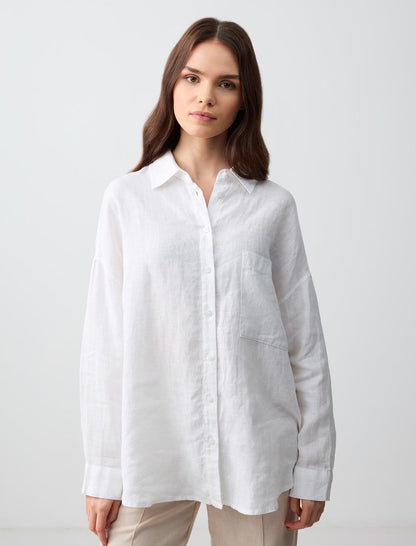 Oversized Long Sleeve Linen Shirt with Pockets