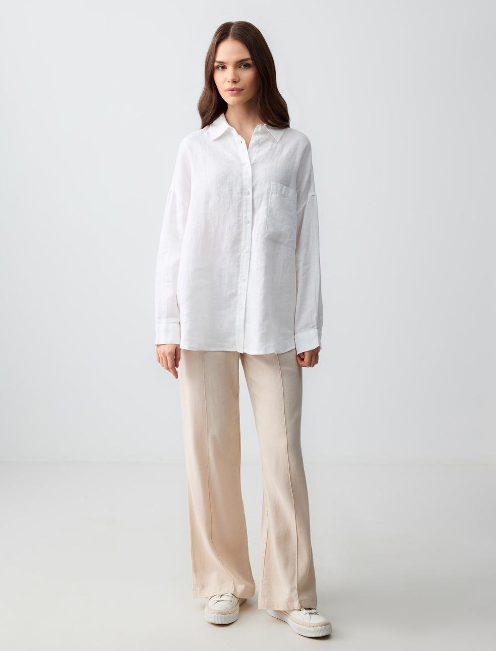 Oversized Long Sleeve Linen Shirt with Pockets - White