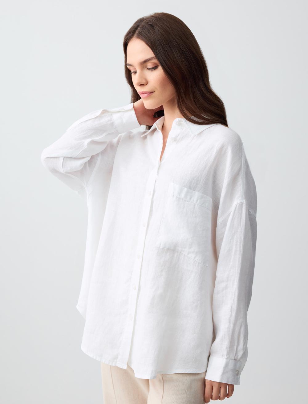 Oversized Long Sleeve Linen Shirt with Pockets - White