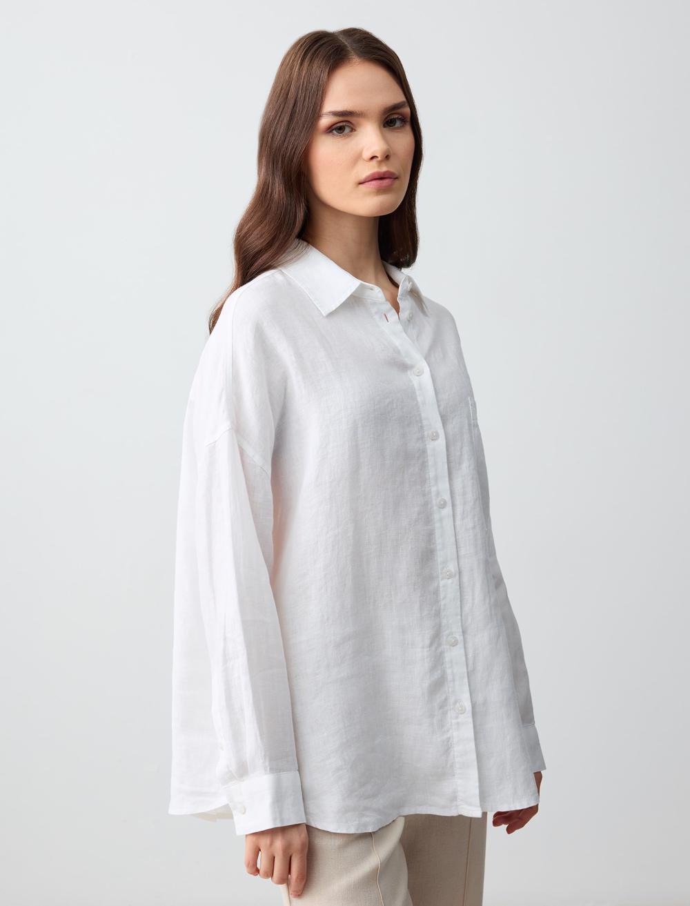 Oversized Long Sleeve Linen Shirt with Pockets - White
