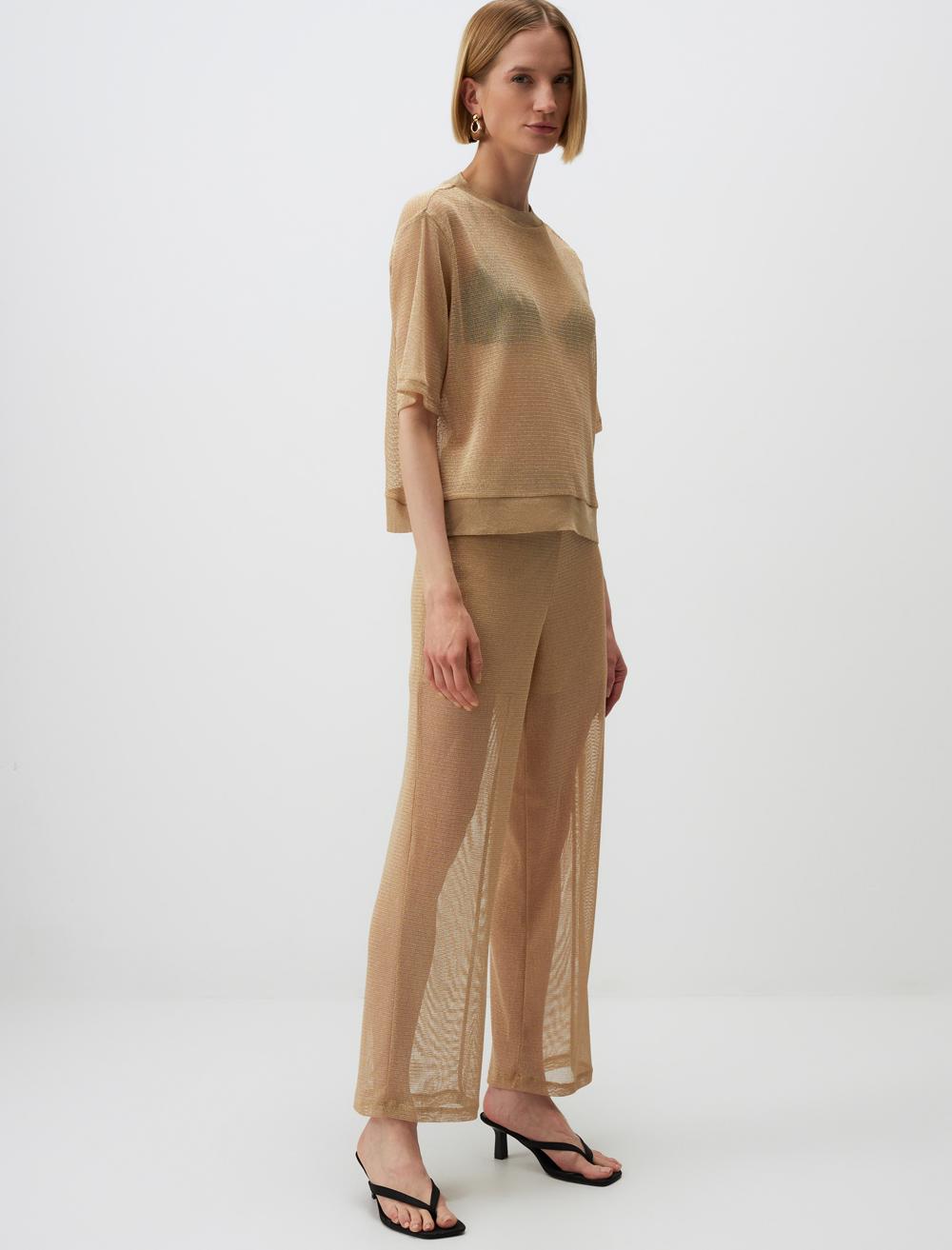 Metallic Yarn Sheer Wide Leg Pants - Gold - 24SJ160002150