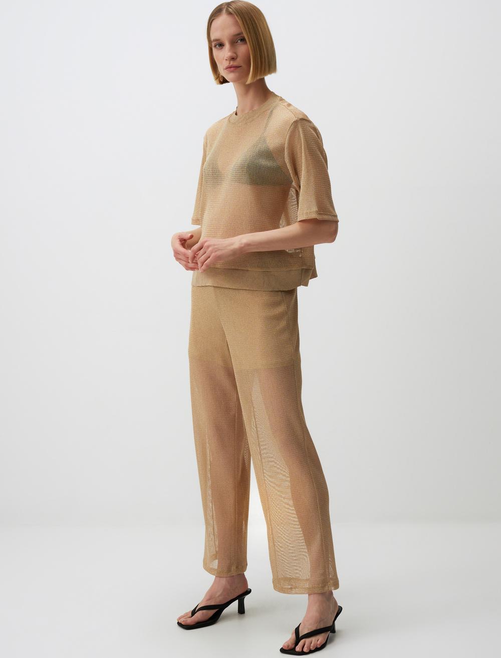 Metallic Yarn Sheer Wide Leg Pants - Gold - 24SJ160002150