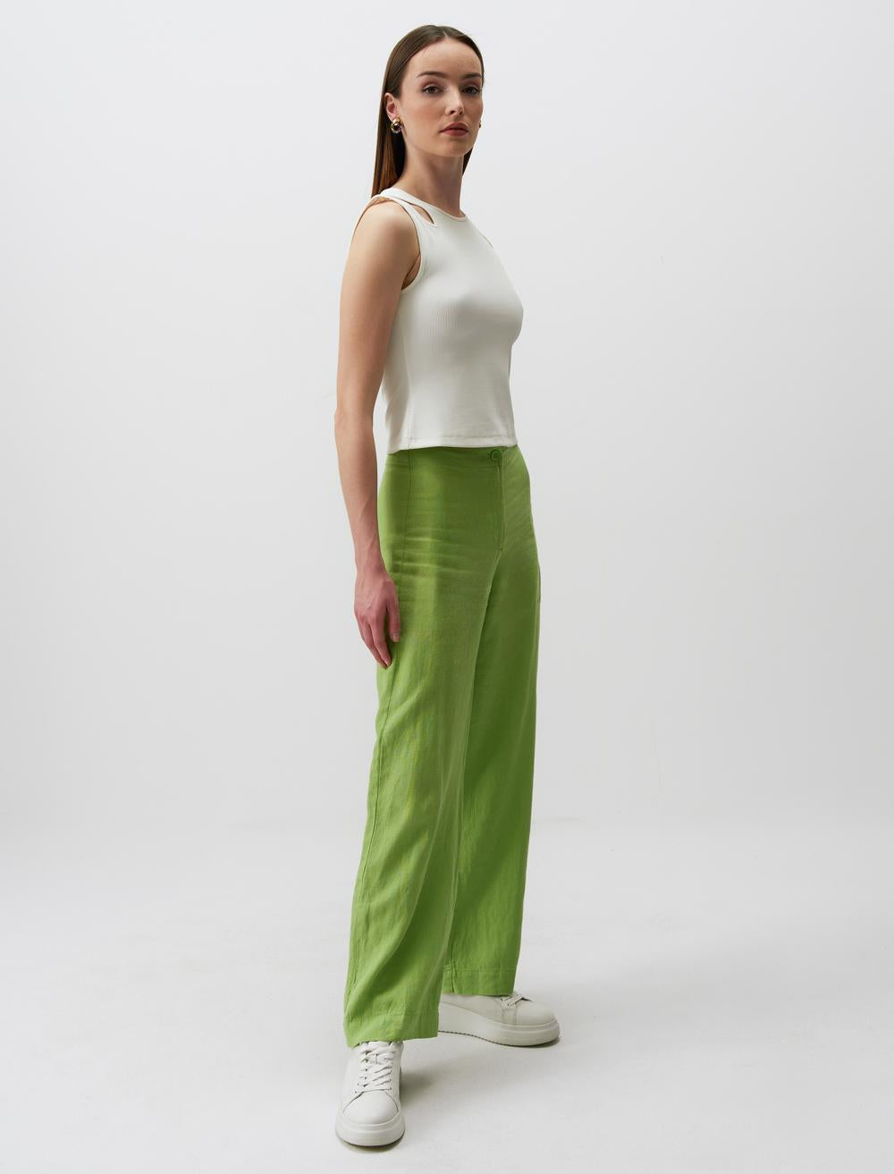 High Waist Straight Trousers - Green - 24SP044019300