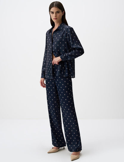 Relaxed Fit Wide Leg Patterned Satin Pants