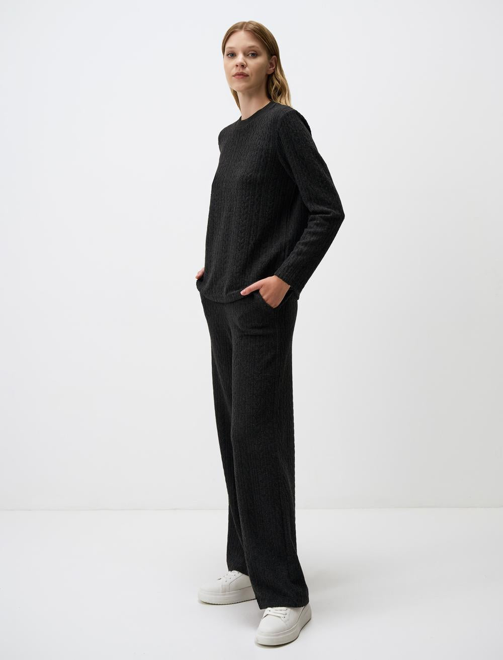 High Waist Knit Patterned Wide Leg Pants