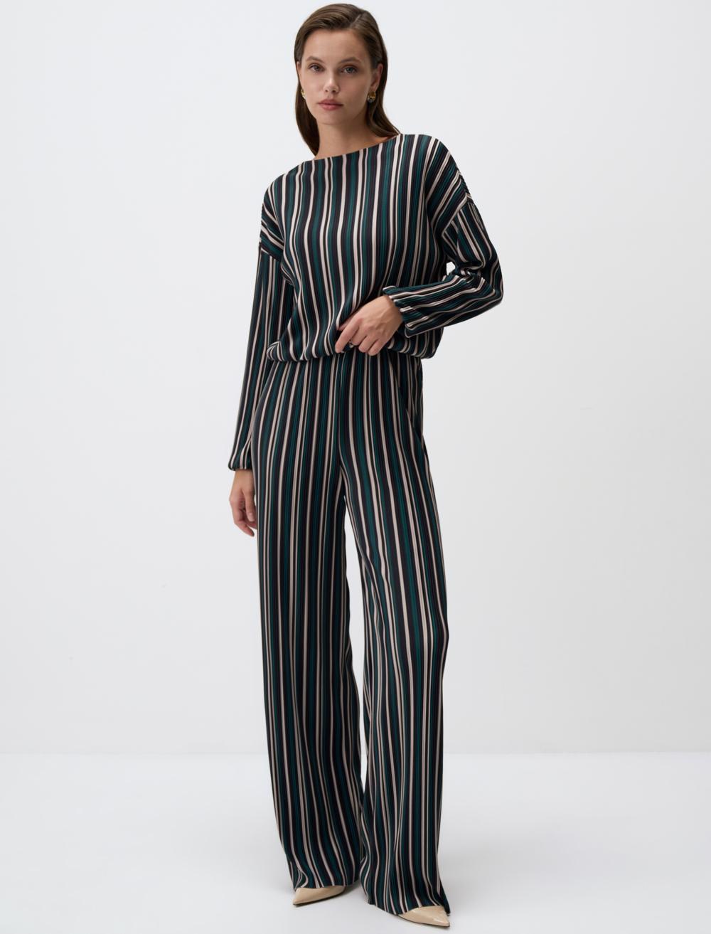 High Waist Relaxed Fit Line Patterned Knitted Pants