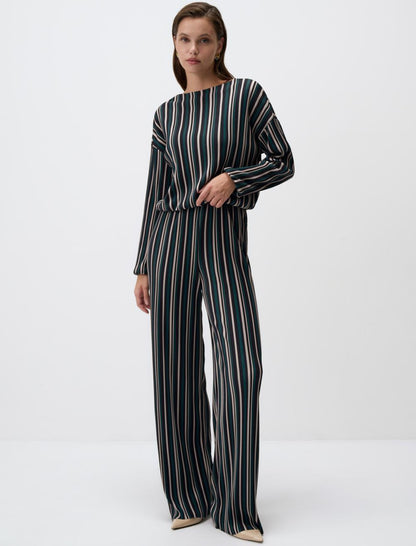 High Waist Relaxed Fit Line Patterned Knitted Pants