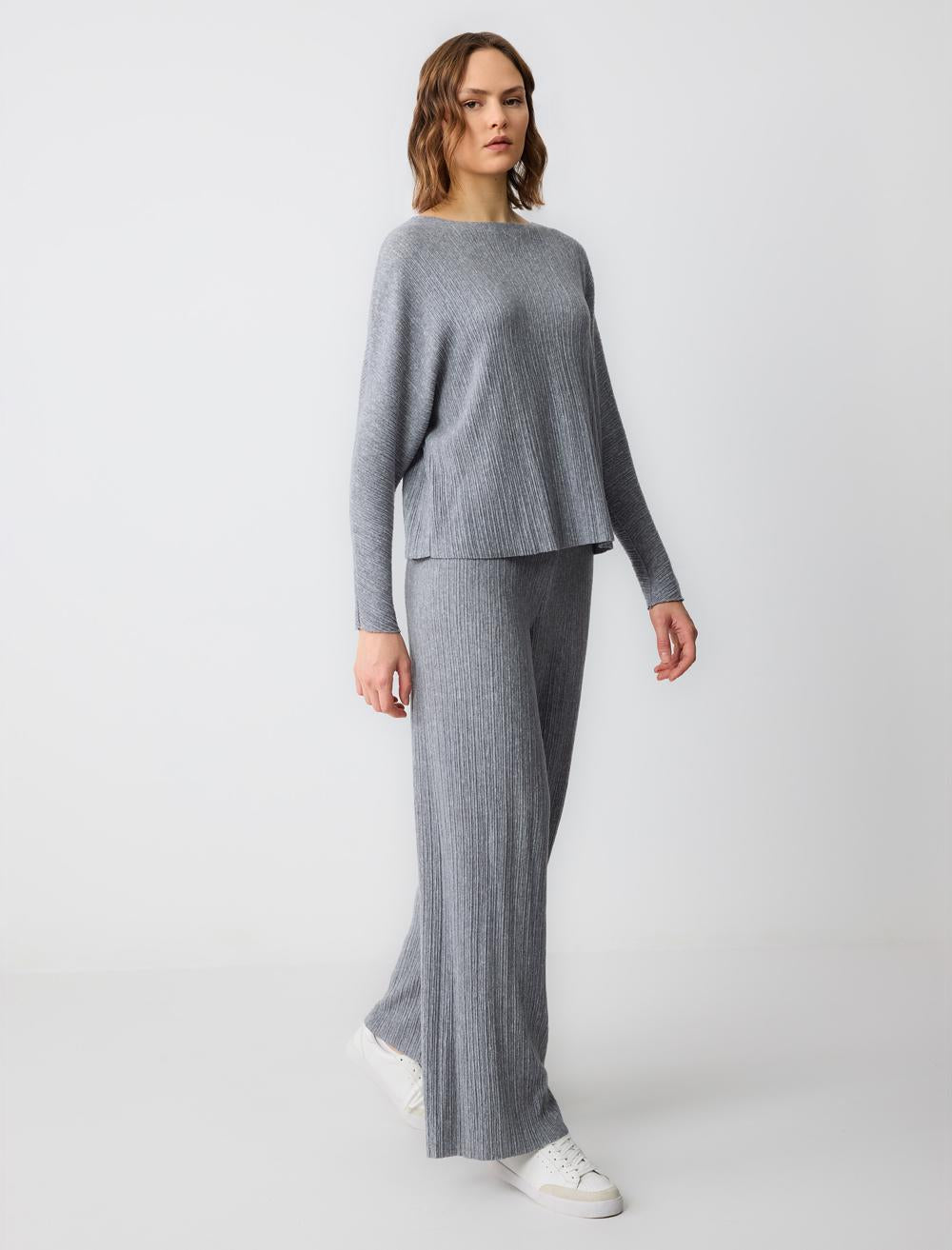 High Waist Line Patterned Wide Leg Knitted Pants
