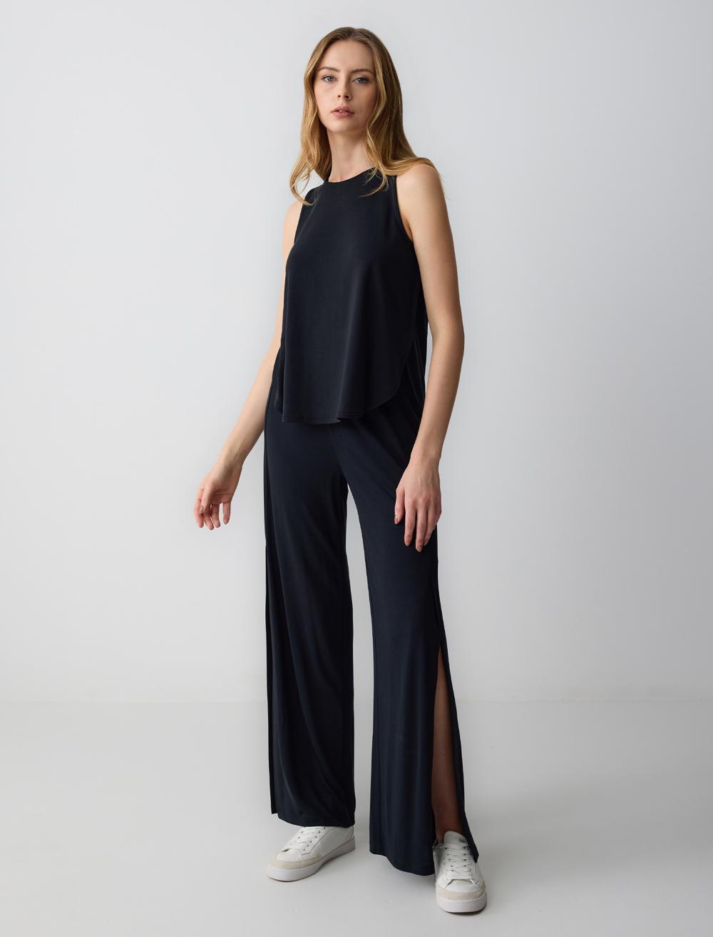 Relaxed Fit High Waist Wide Leg Knitted Trousers with Slits