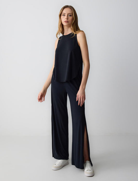 Relaxed Fit High Waist Wide Leg Knitted Trousers with Slits