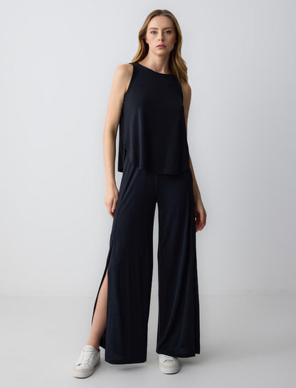 Relaxed Fit High Waist Wide Leg Knitted Trousers with Slits
