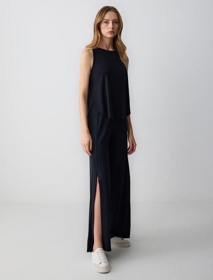 Relaxed Fit High Waist Wide Leg Knitted Trousers with Slits