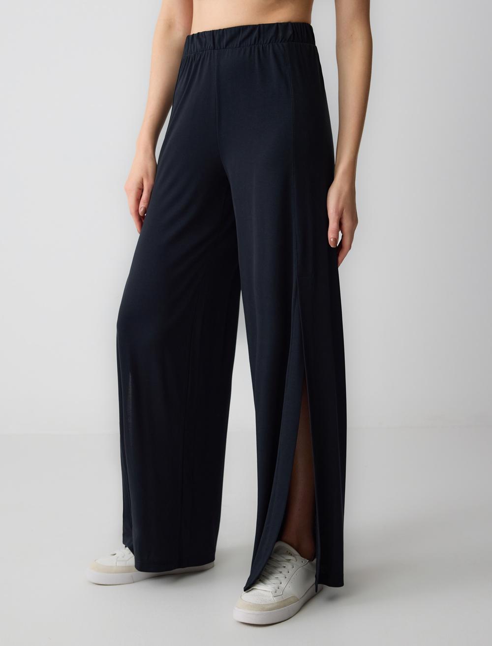 Relaxed Fit High Waist Wide Leg Knitted Trousers with Slits