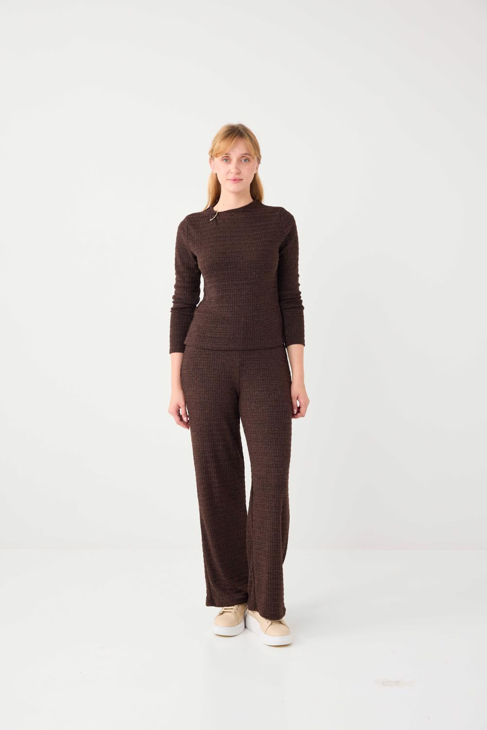 Textured Bouclé-Style Wide Leg Trousers