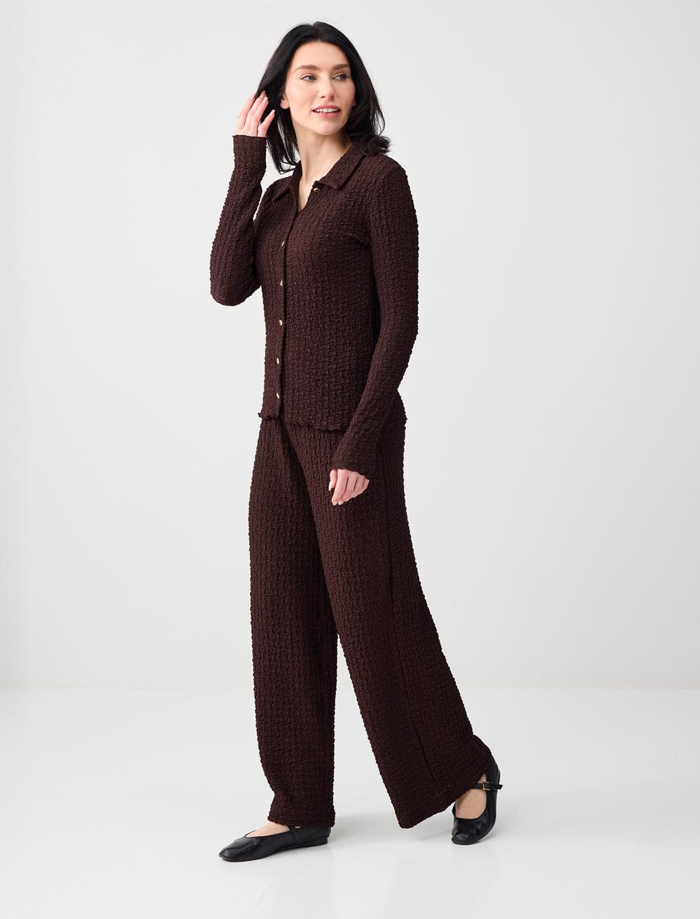 Loose Fit Textured Pants - Aci Kahve