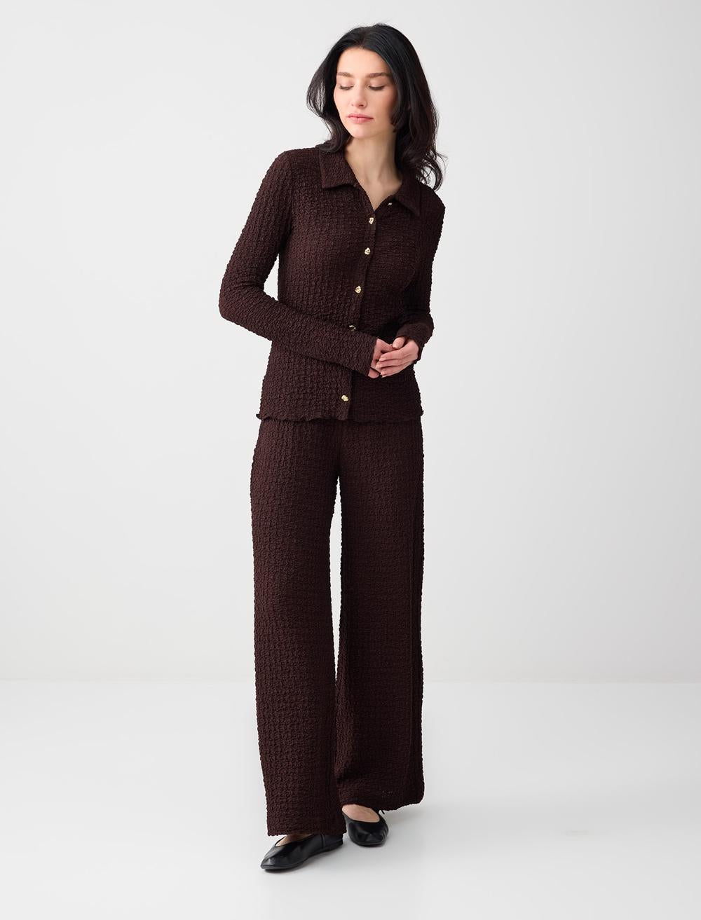Loose Fit Textured Pants - Aci Kahve