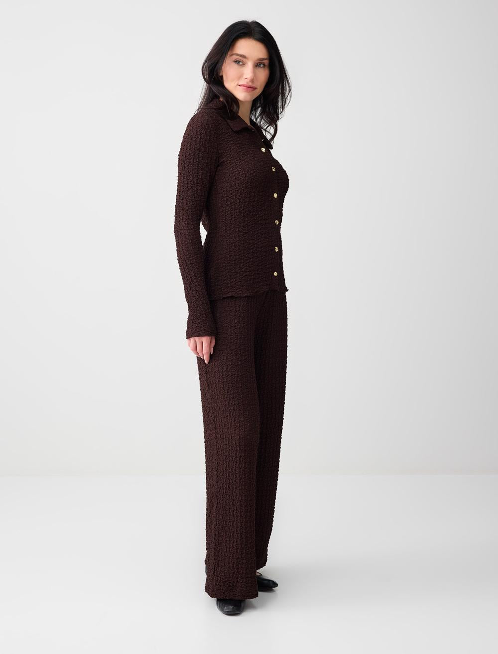Loose Fit Textured Pants - Aci Kahve