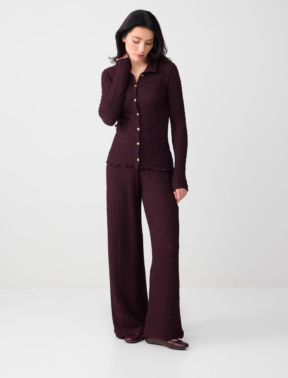 Relaxed Fit Wide-Leg Polyester Trousers - Burgundy - 6SW185731562