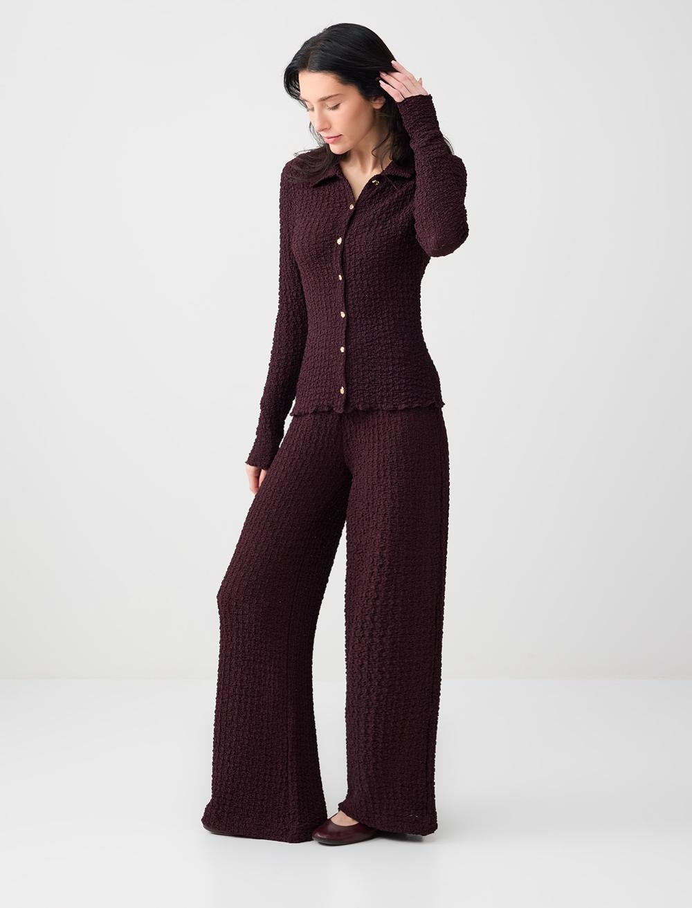 Relaxed Fit Wide-Leg Polyester Trousers - Burgundy - 6SW185731562