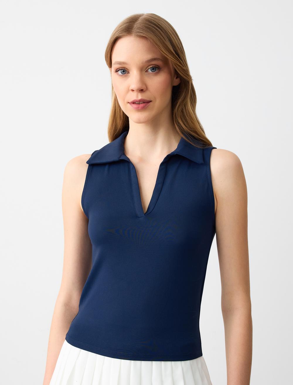 Slim Fit Polo Shirt Sleeveless-Sleeve Blouse - 5SW032385