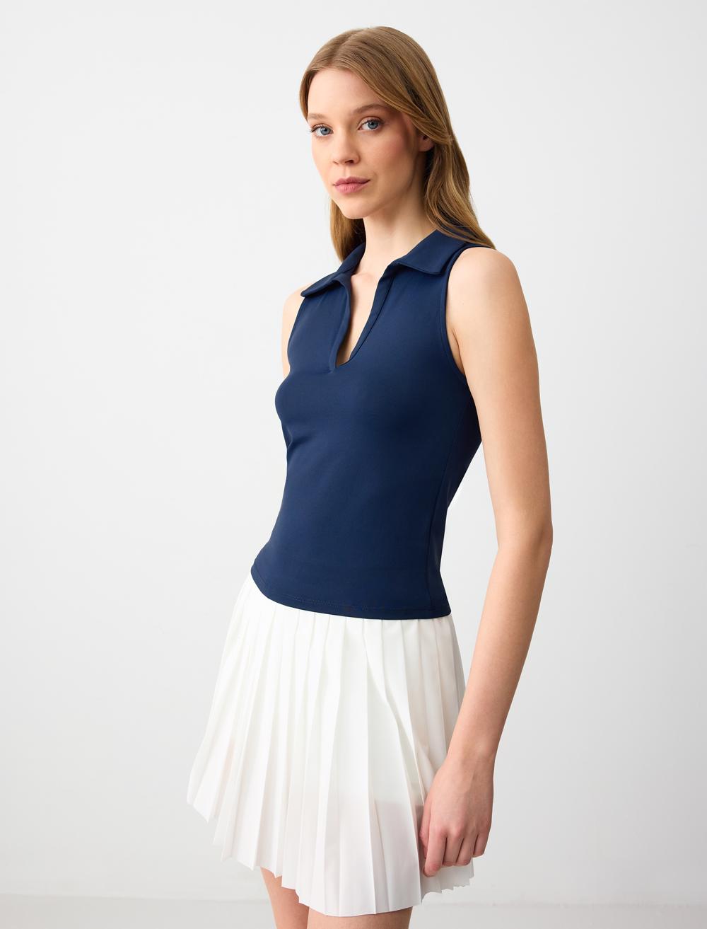 Polo-Neck Sl Blouse - Dark Blue