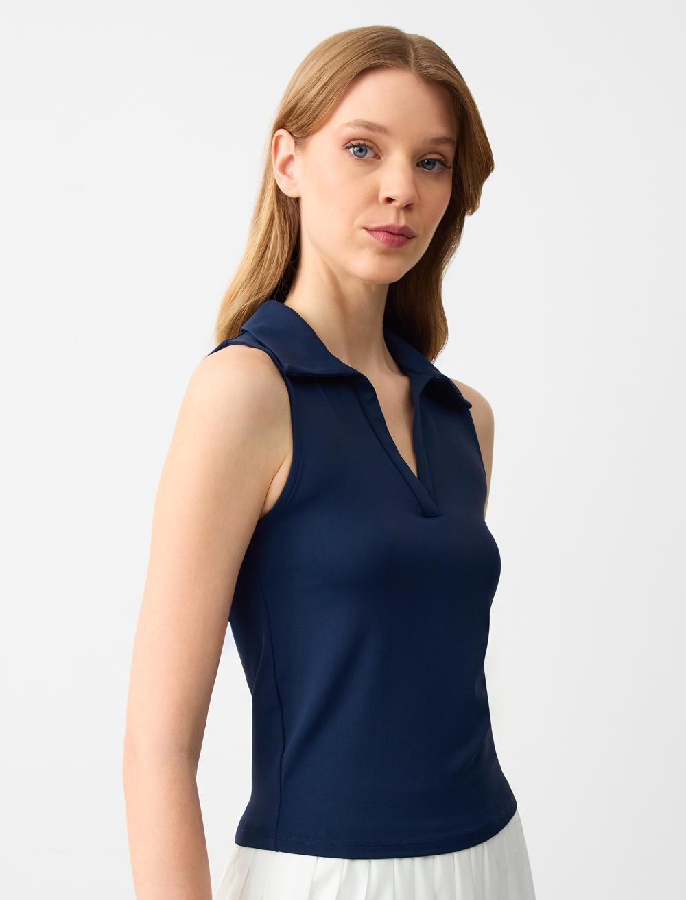 Polo-Neck Sl Blouse - Dark Blue