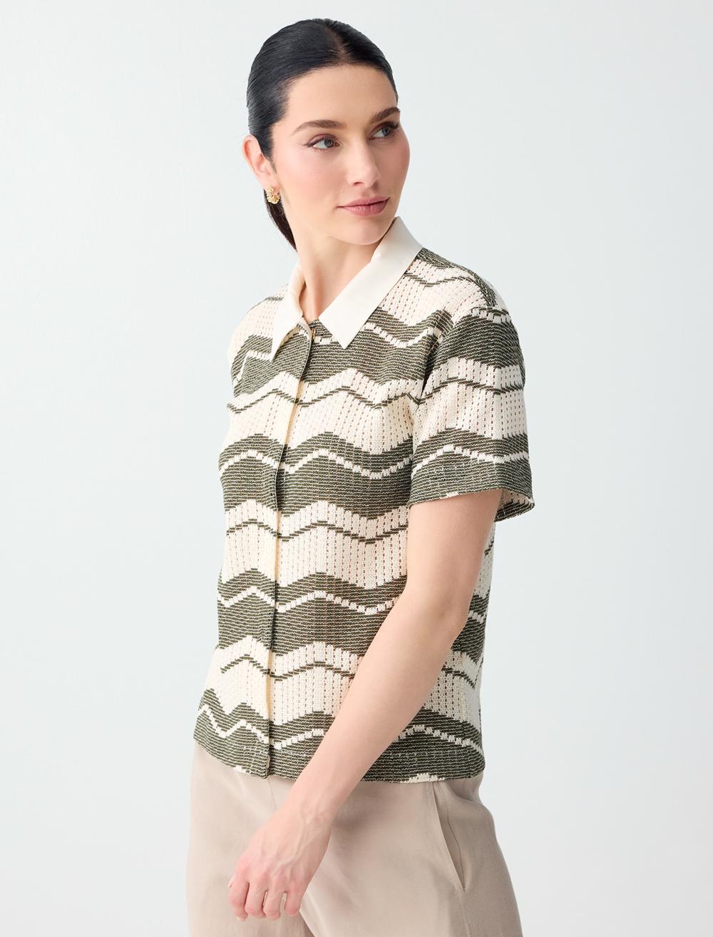 Loose Fit Polo Shirt Short Sleeve Blouse - White - 6SW036748106