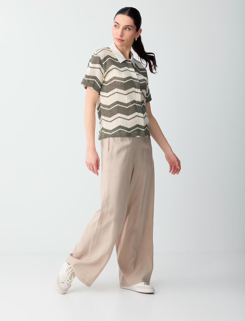 Loose Fit Polo Shirt Short Sleeve Blouse - White - 6SW036748106