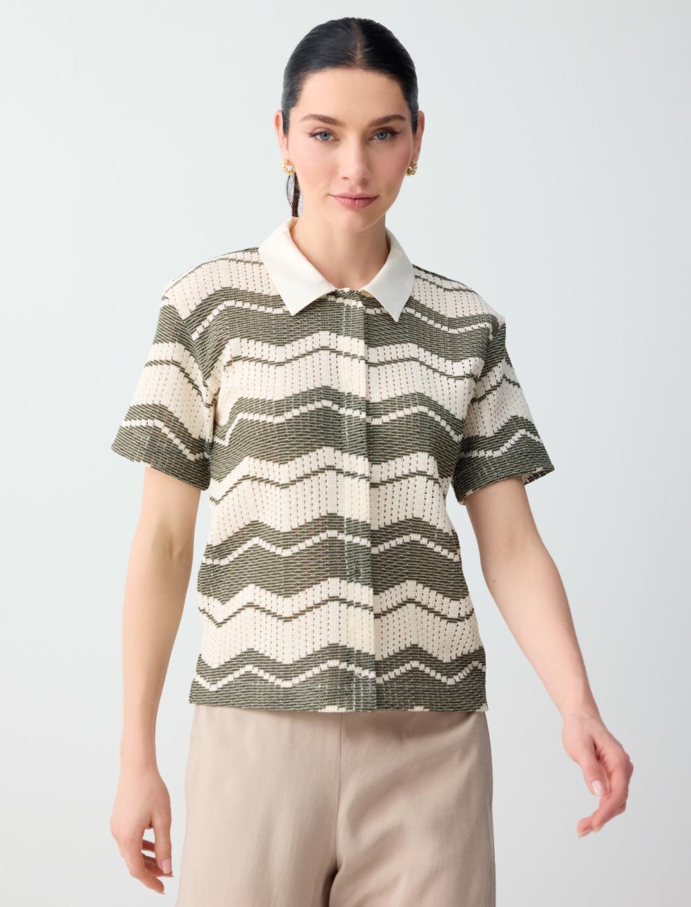 Loose Fit Polo Shirt Short Sleeve Blouse - White - 6SW036748106