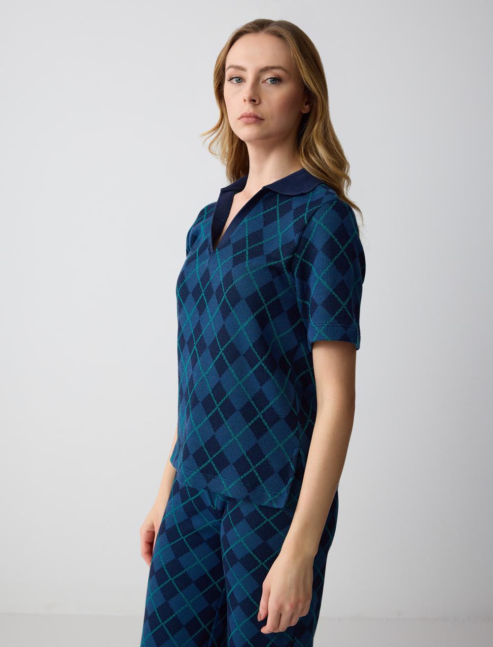 Polo Shirt Short-Sleeve Blouse - Dark Blue - 4WW071391494