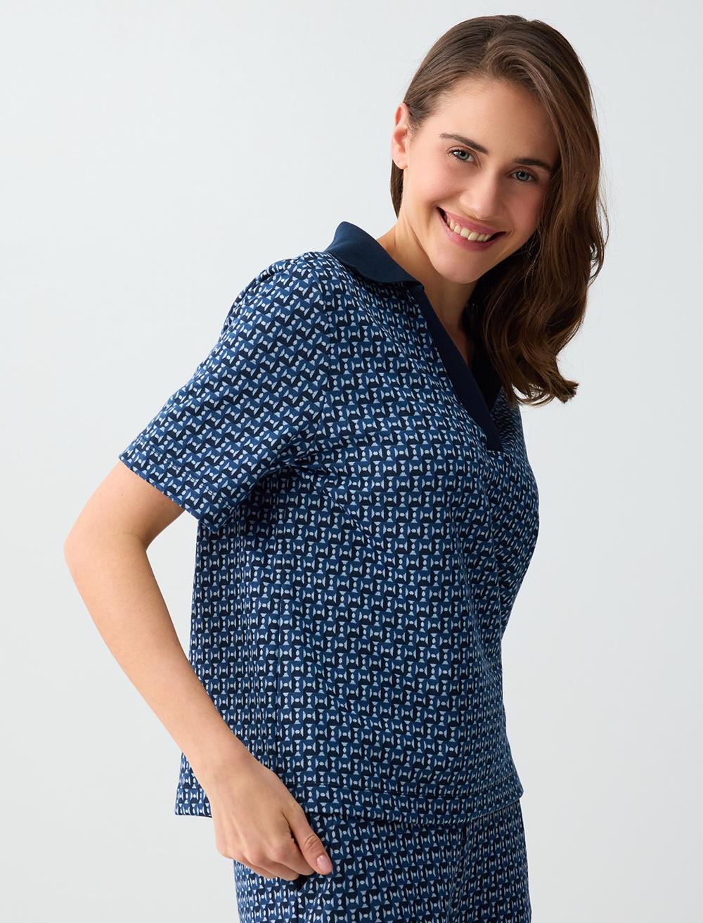Polo Collar Short Sleeve Geometric Patterned Knit Blouse - 6SW035426