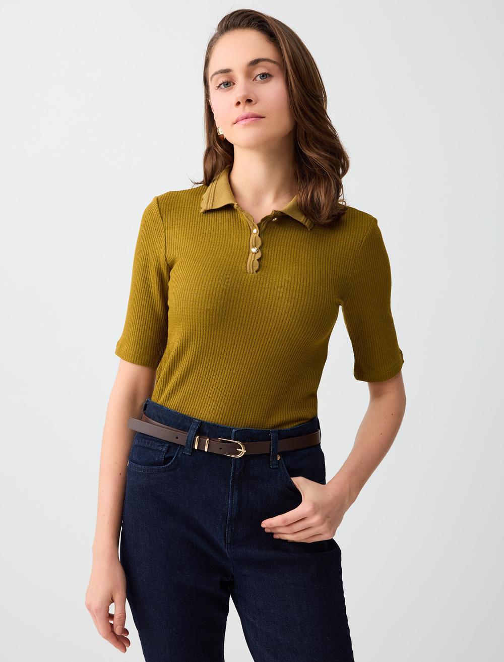 Normal Fit Polo Shirt Short Sleeve Blouse - Green - 6SW035557307