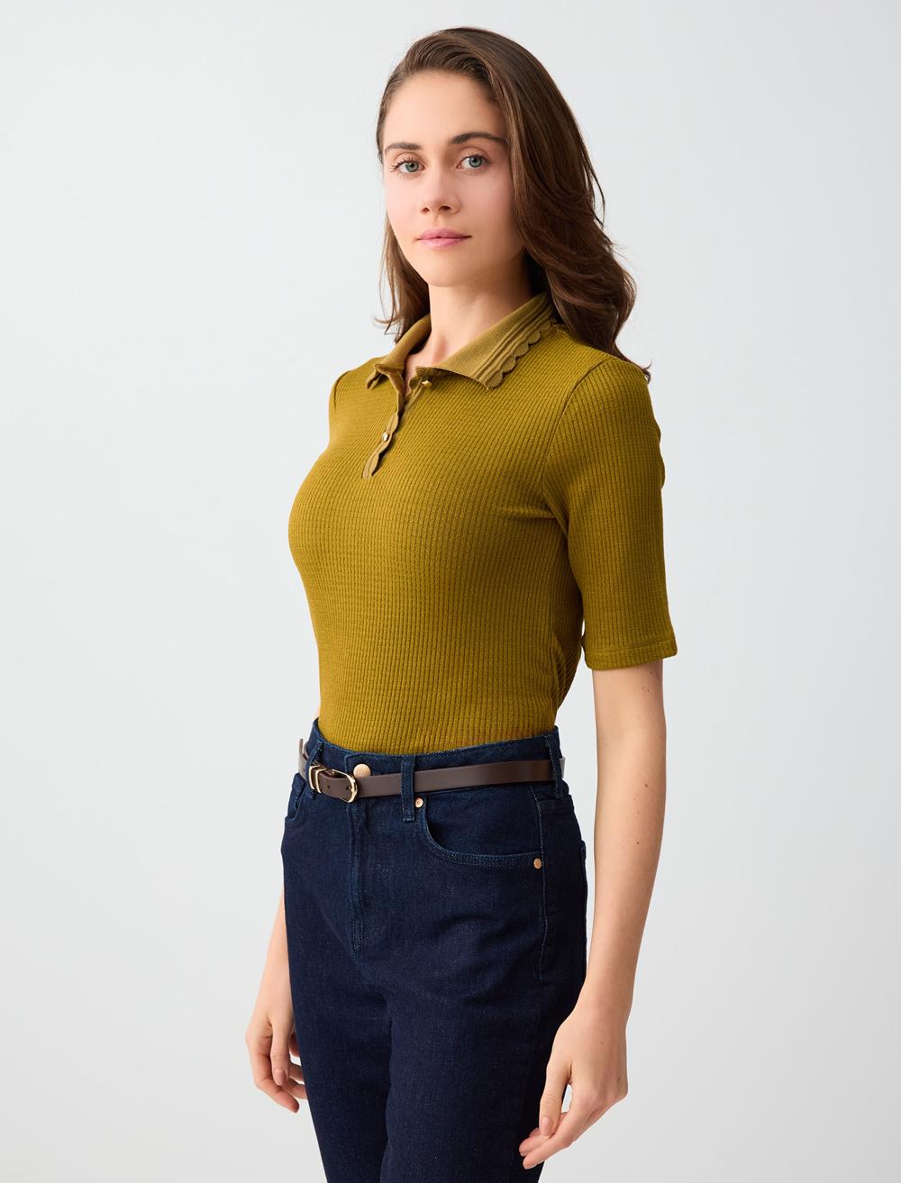 Normal Fit Polo Shirt Short Sleeve Blouse - Green - 6SW035557307