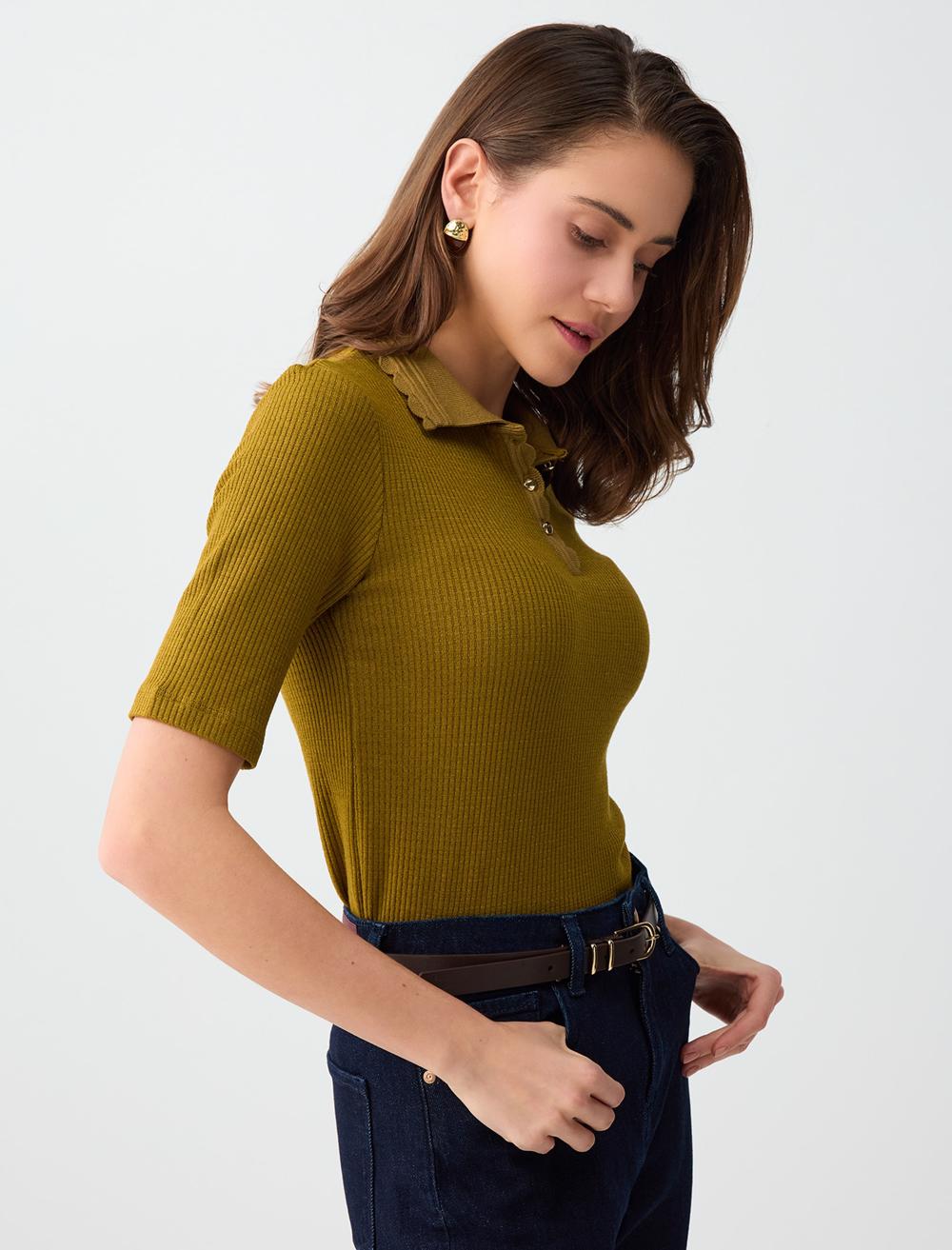 Normal Fit Polo Shirt Short Sleeve Blouse - Green - 6SW035557307