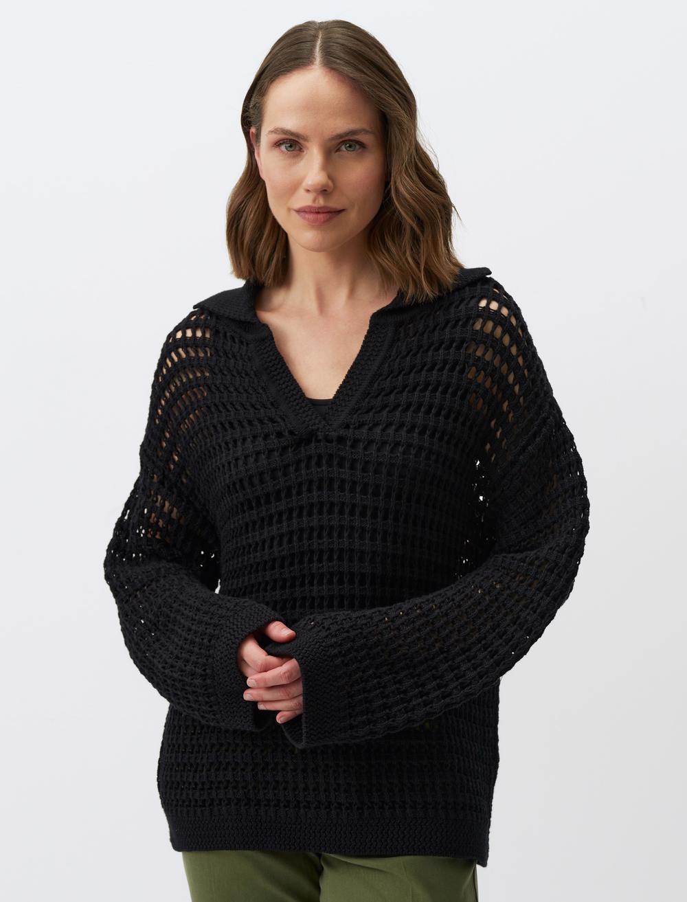 Polo Collar Long Sleeve Openwork Sweater - 24SK150001