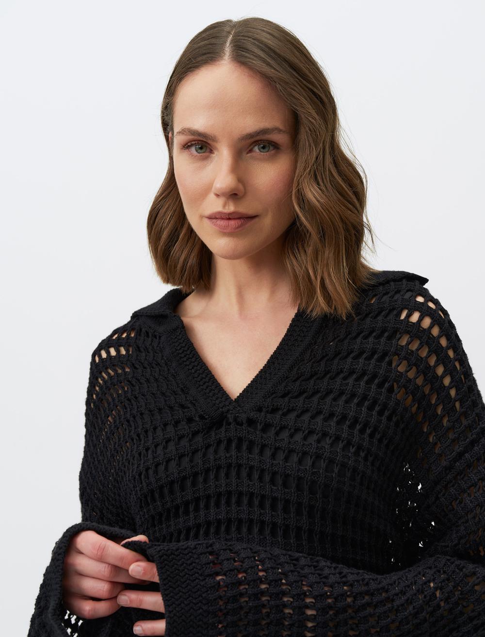 Polo Collar Long Sleeve Openwork Sweater - 24SK150001